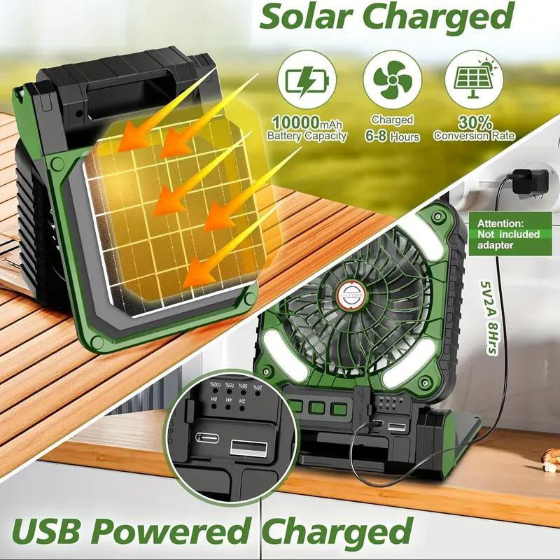 Portable Solar Powered Fan, Outdoor Camping Fishing Fan, USB Rechargeable Fan with LED Light, Cooling Fan, Portable Fan for Daily, Outdoor Camping Light with LED Lighting